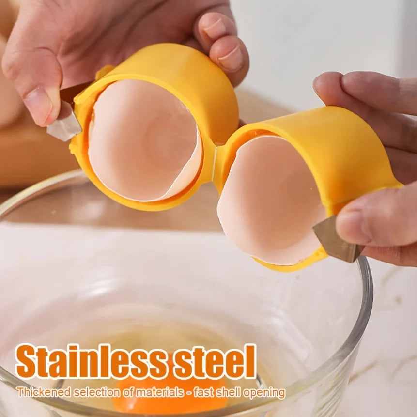 Yellow egg sheller cracking and opening an egg
