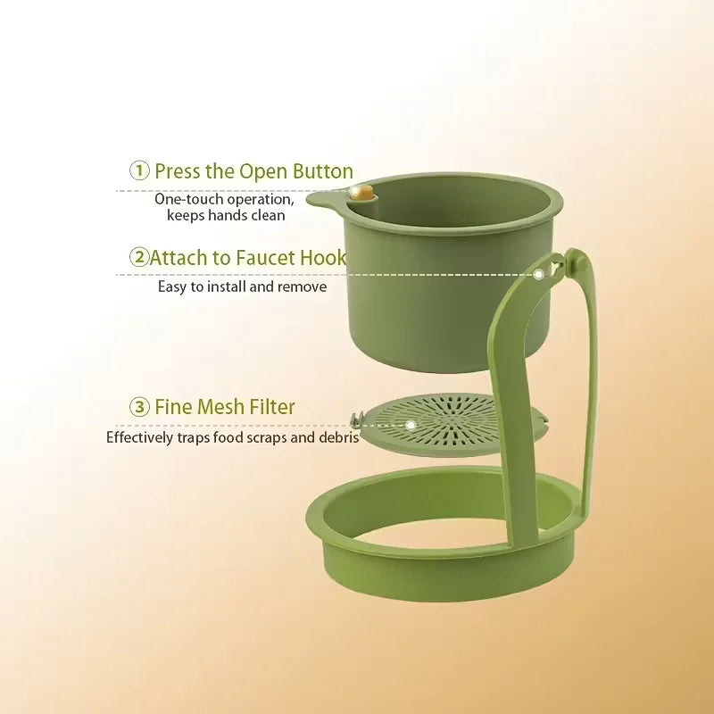 Green sink drain basket showing faucet attachment, open button, and fine mesh filter 