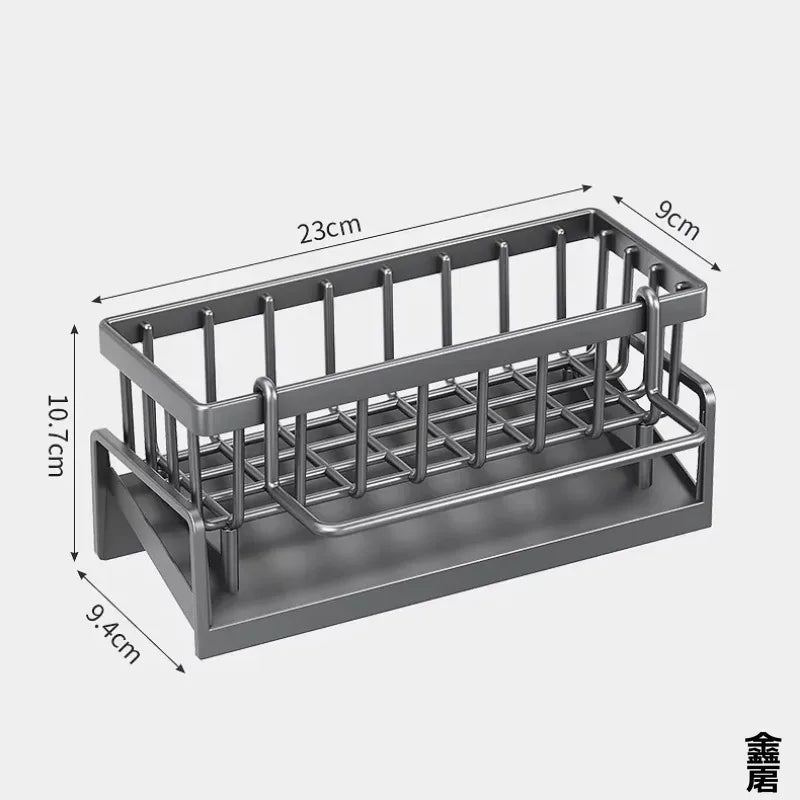 Gray kitchen sink organizer rack with dish holder and towel bar 