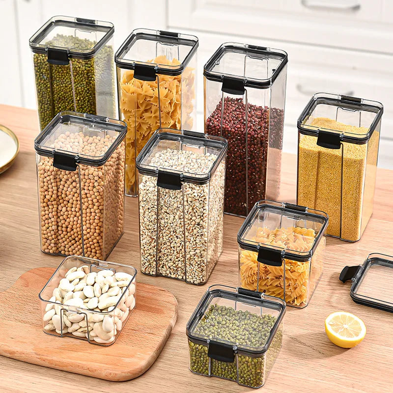 Airtight kitchen food storage containers with black lids 