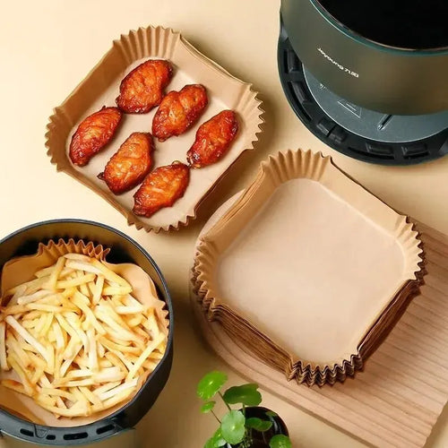 Parchment paper liners used for baking and cooking food in an air fryer