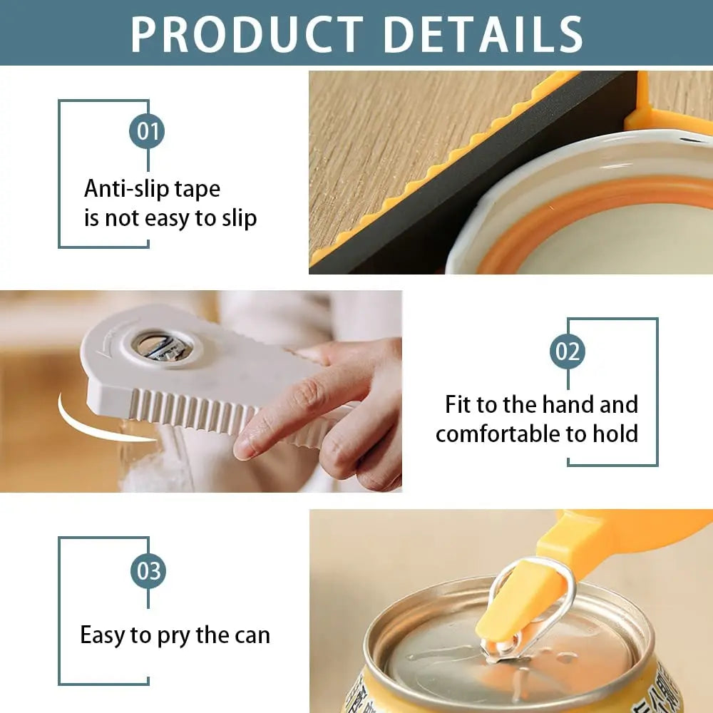 Can opener with anti-slip tape and comfortable grip features 
