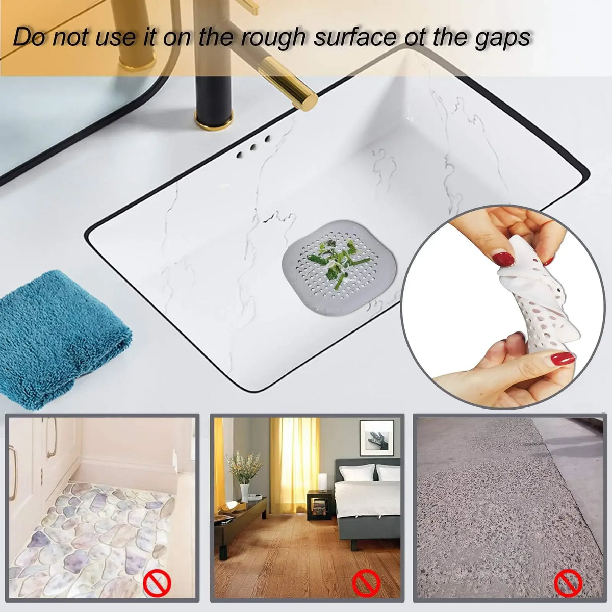 Silicone sink strainer shown on smooth surfaces with usage warning 