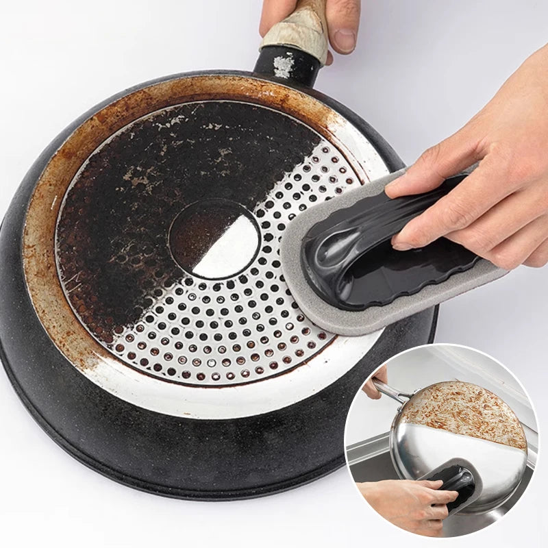 2-in1 Kitchen cleaning and scrub brush used to clean a frying pan