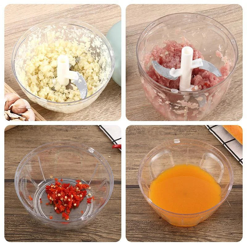 Manual garlic chopper with chopped garlic, onion, peppers and other vegetables 