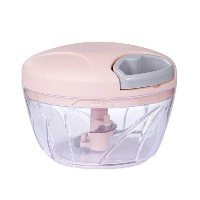Manual garlic chopper with pink lid and clear container