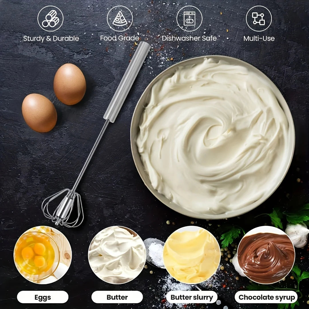 Stainless steel egg whisk for mixing eggs, cream, butter and chocolate syrup 