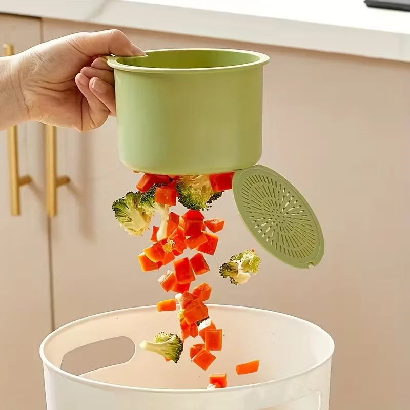 Green sink drain basket with fine mesh filter for draining food scraps 