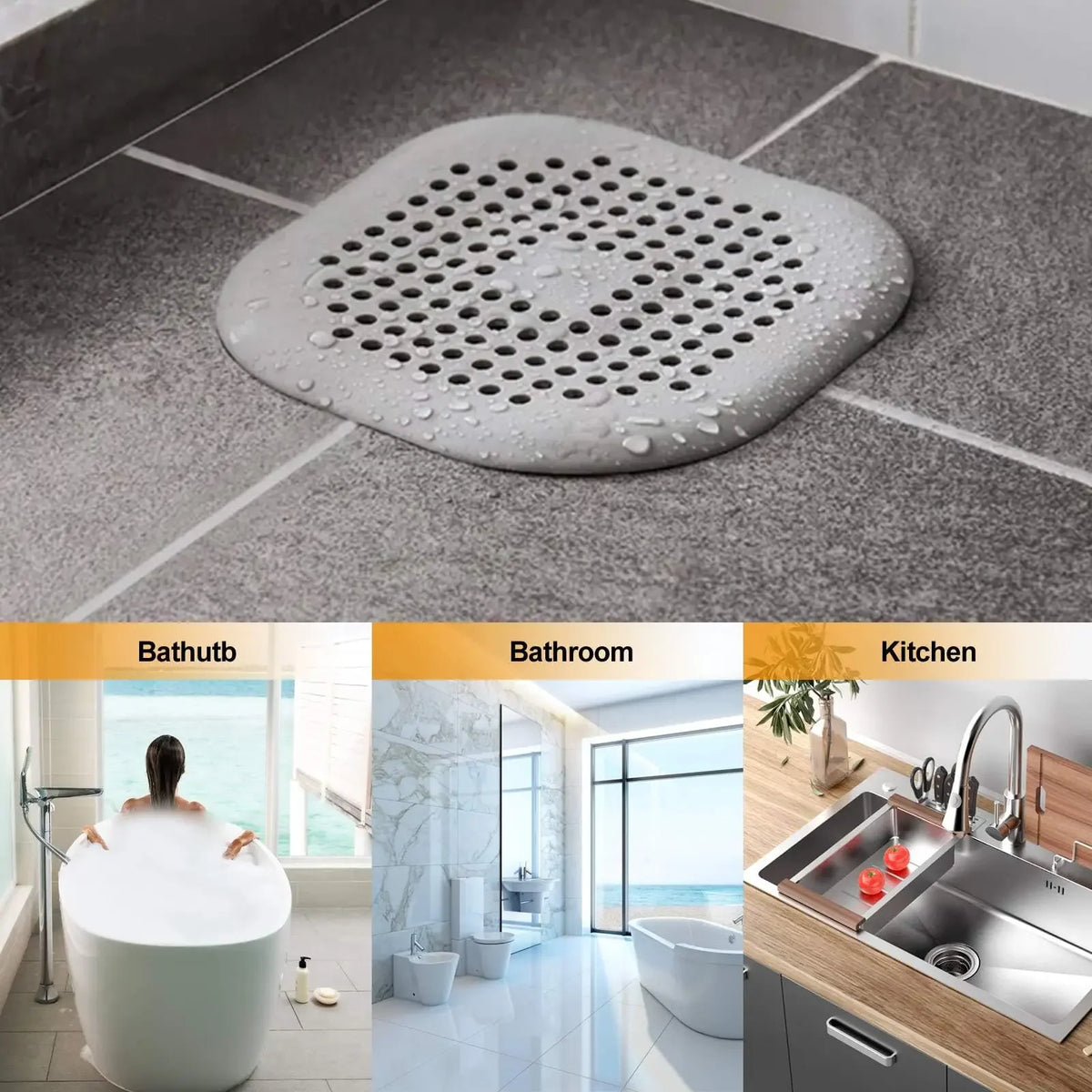 Silicone drain stringer shown in bathtub, bathtub, bathroom, and kitchen sinks