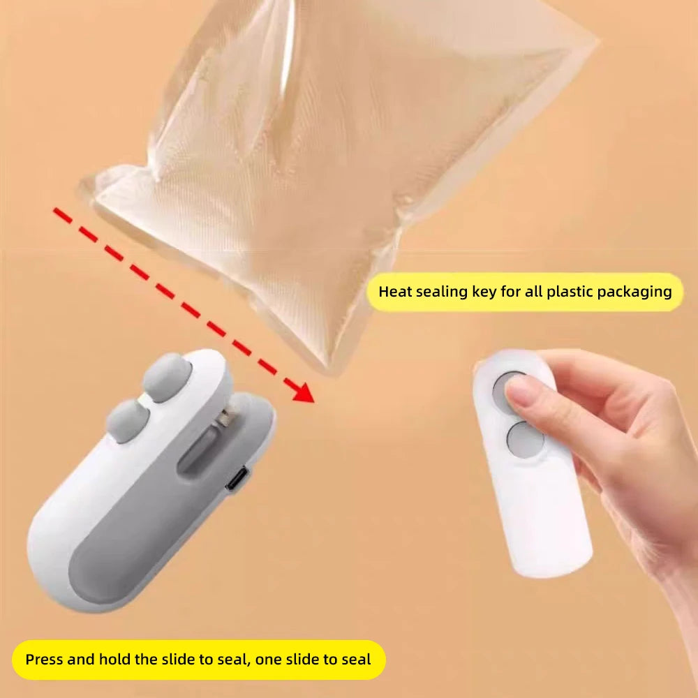 Mini heat bag sealer sealing a plastic food storage bag 
