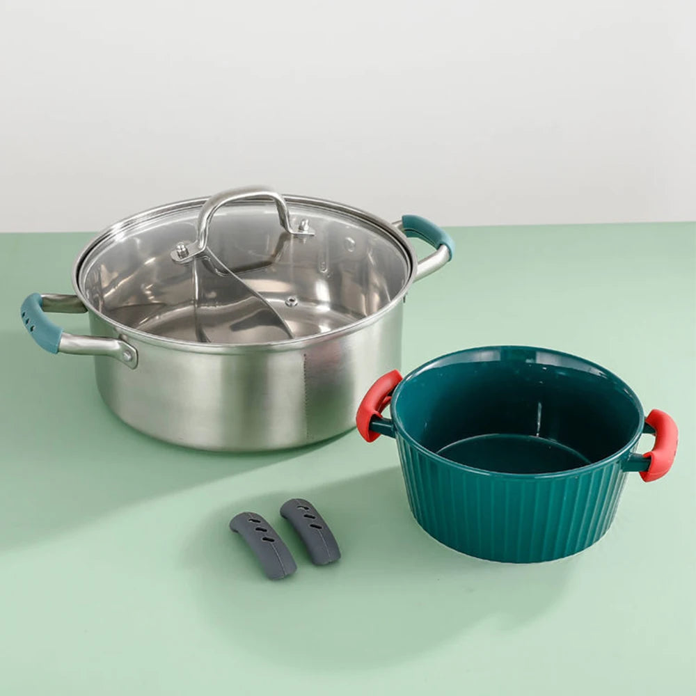 Silicone pan handle covers shown with cookware and removable handles 