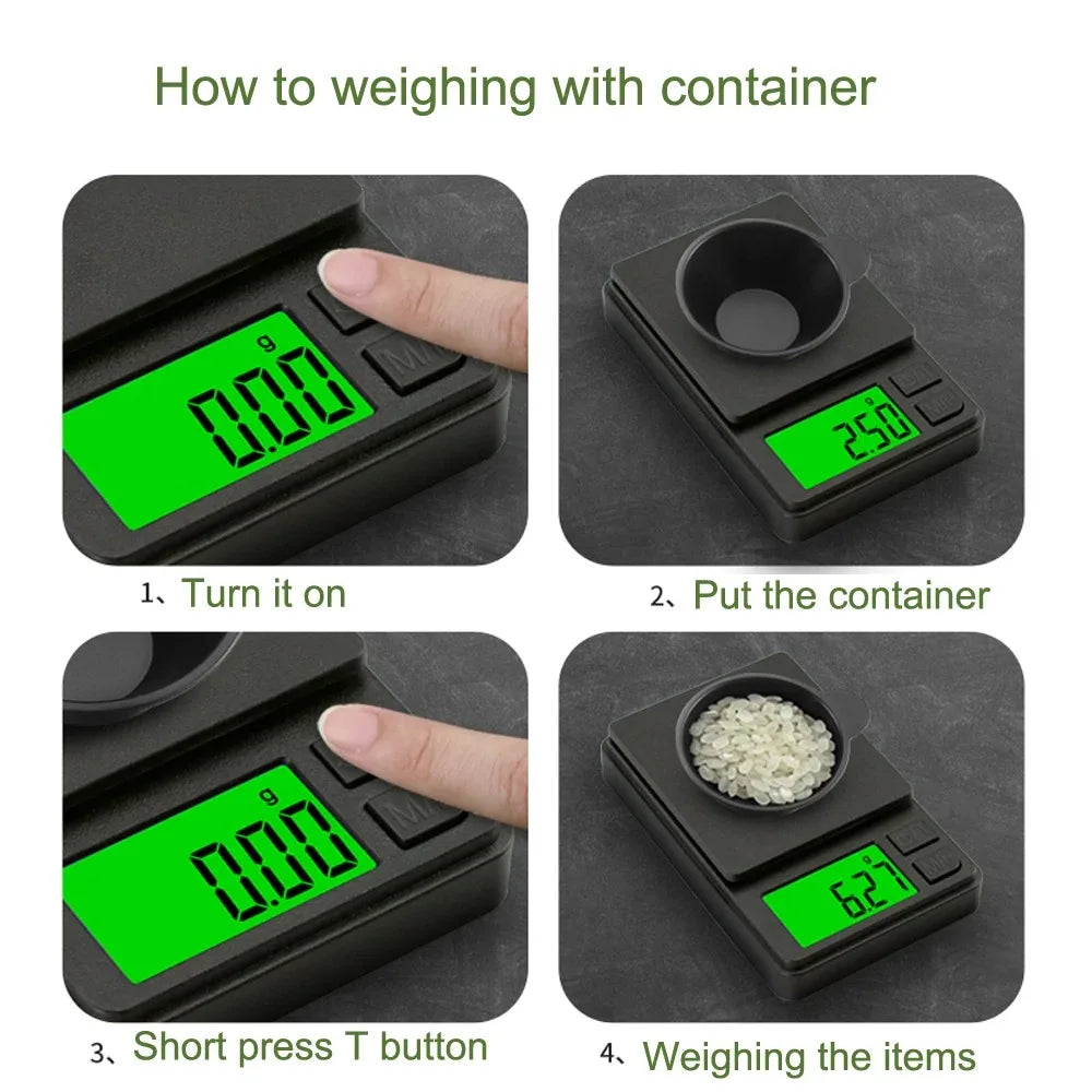 Digital kitchen scale showing how to weigh ingredients with a container 