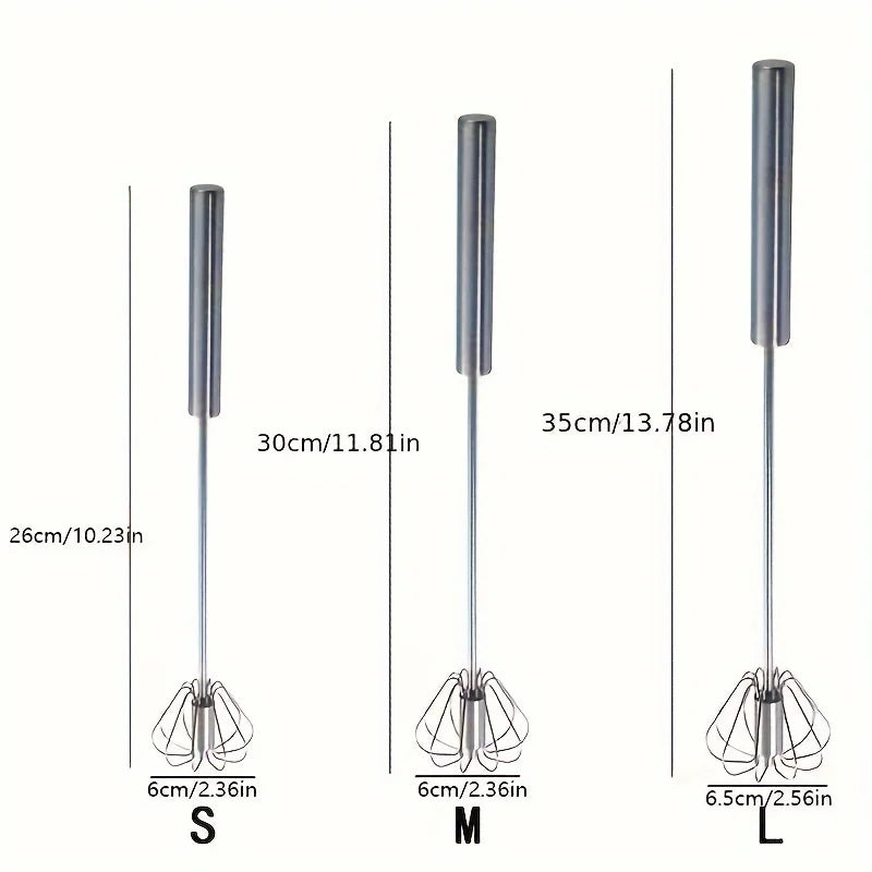 Stainless steel egg whisks in S, M and L sizes with measurements 
