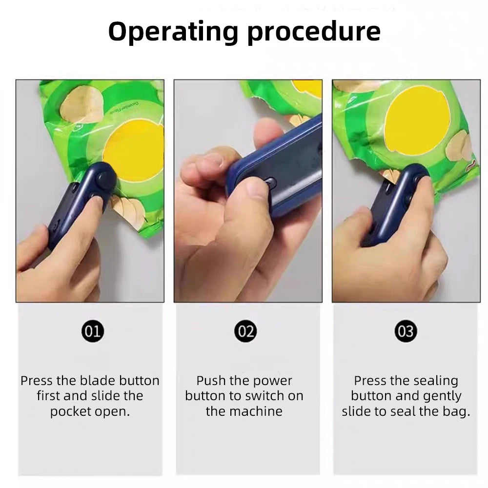 Mini heat bag sealer operating instructions for opening and sealing food bags 
