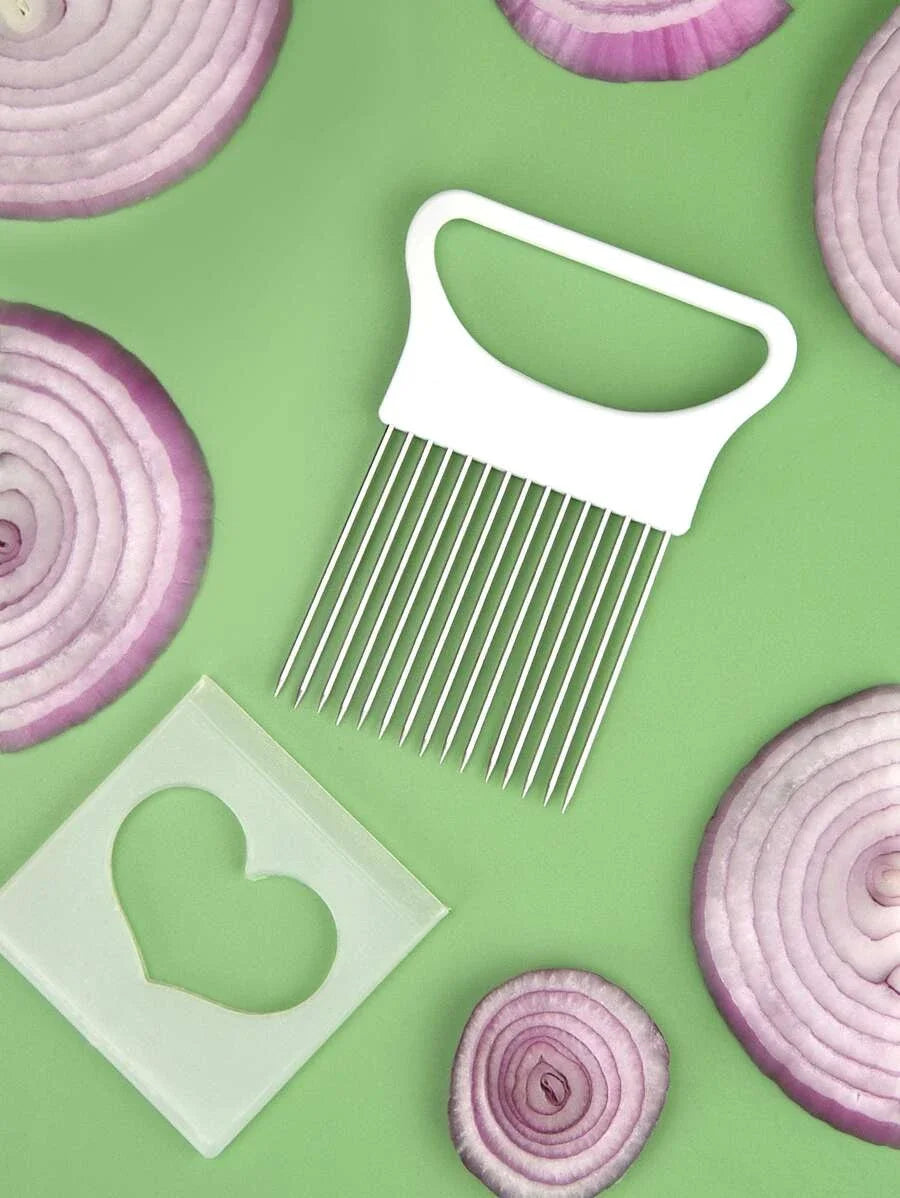 Onion slicer tool displayed with sliced onion pieces 