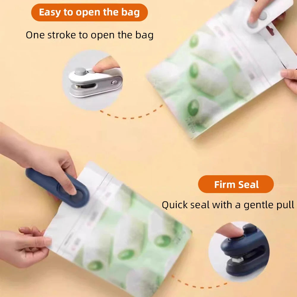 Mini heat bag sealer for easy opening and firm resealing of food storage bags 