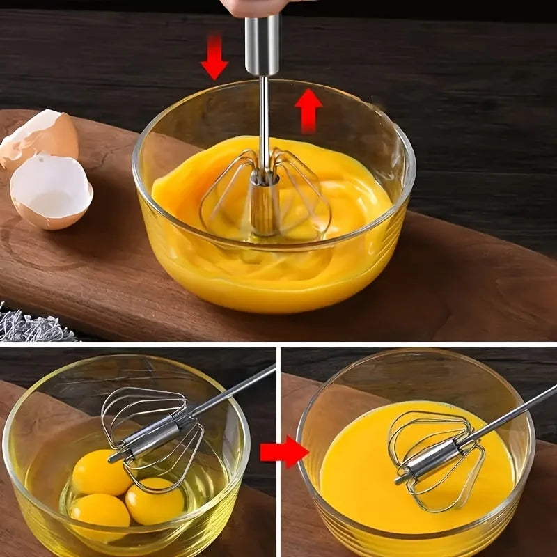 Manual egg whisk mixing eggs in a glass bowl with push action 