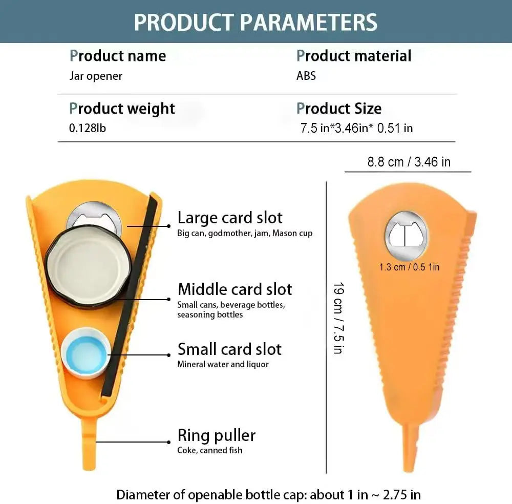Multi-function jar opener with labeled features and dimensions 