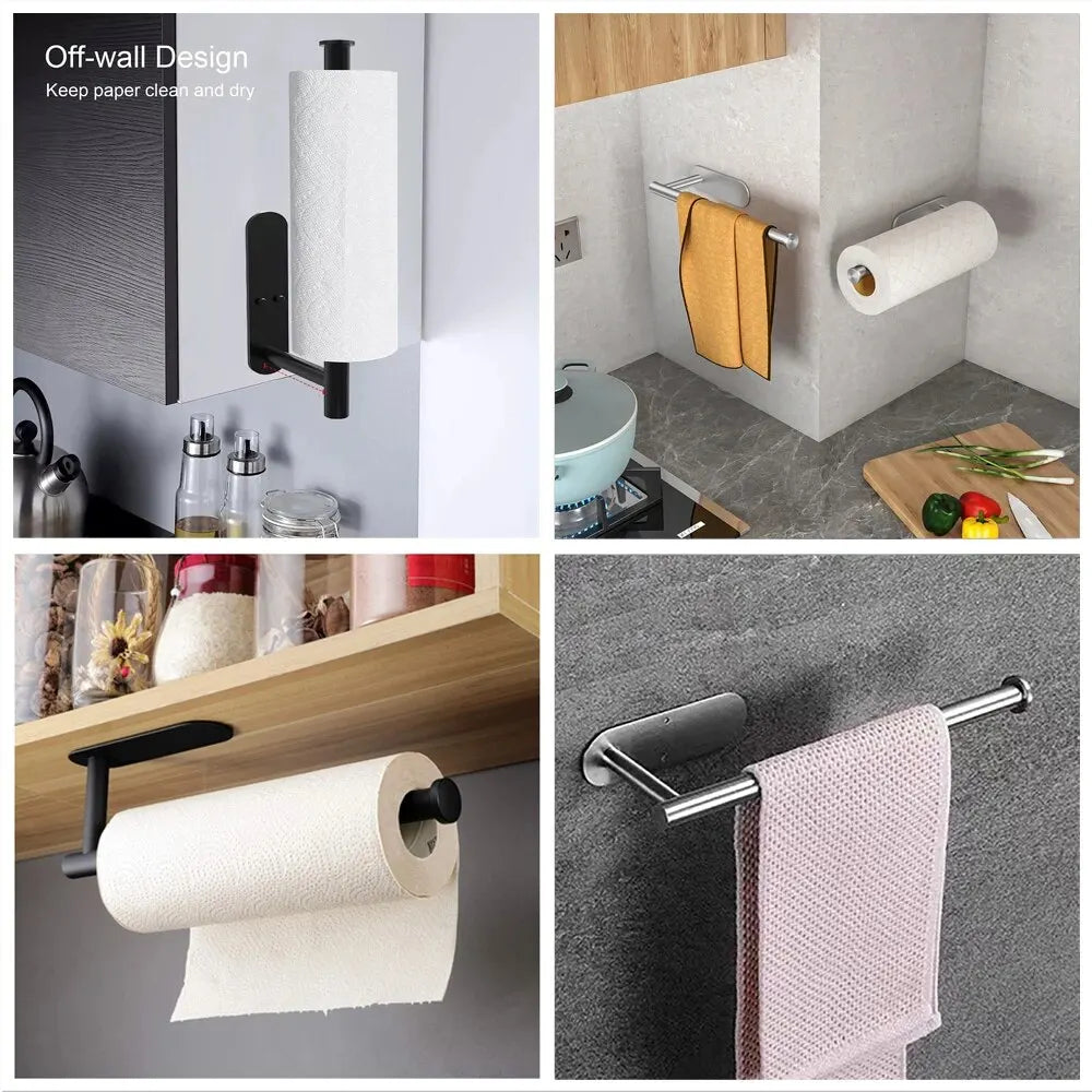 Wall mounted paper towel holder shown in multiple kitchen installation setups 
