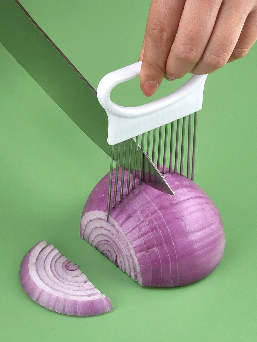 Handheld onion slicer cutting a fresh onion into even slices 
