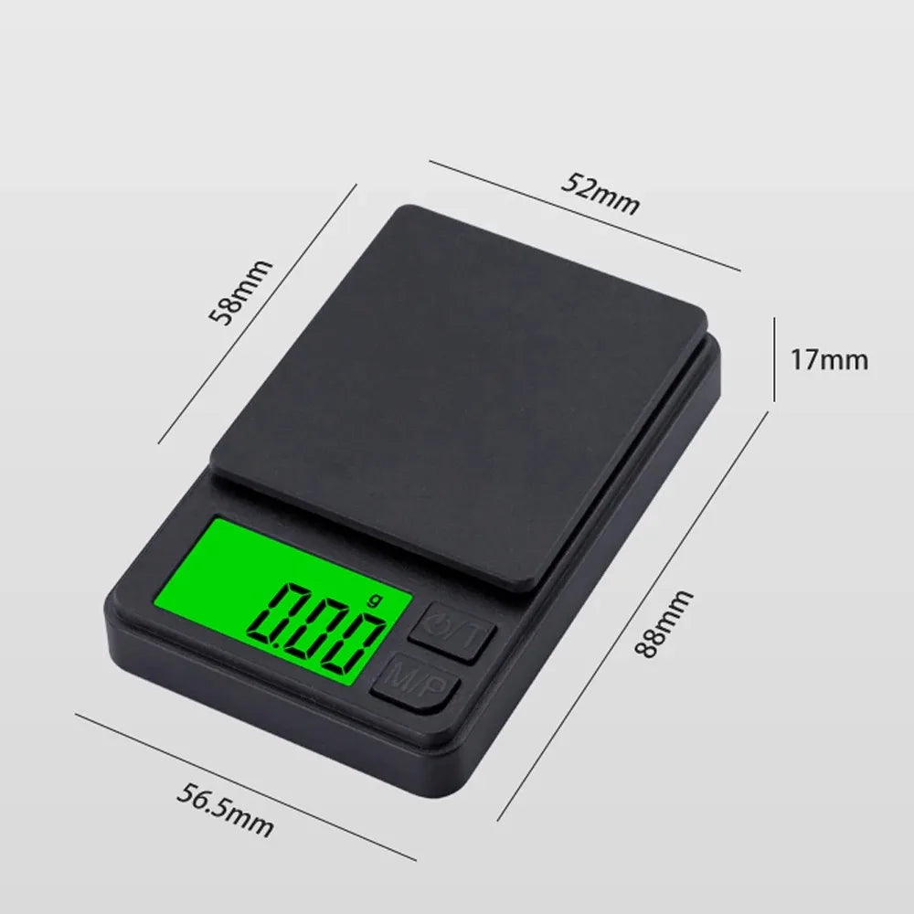 Compact digital kitchen scale with dimensions shown